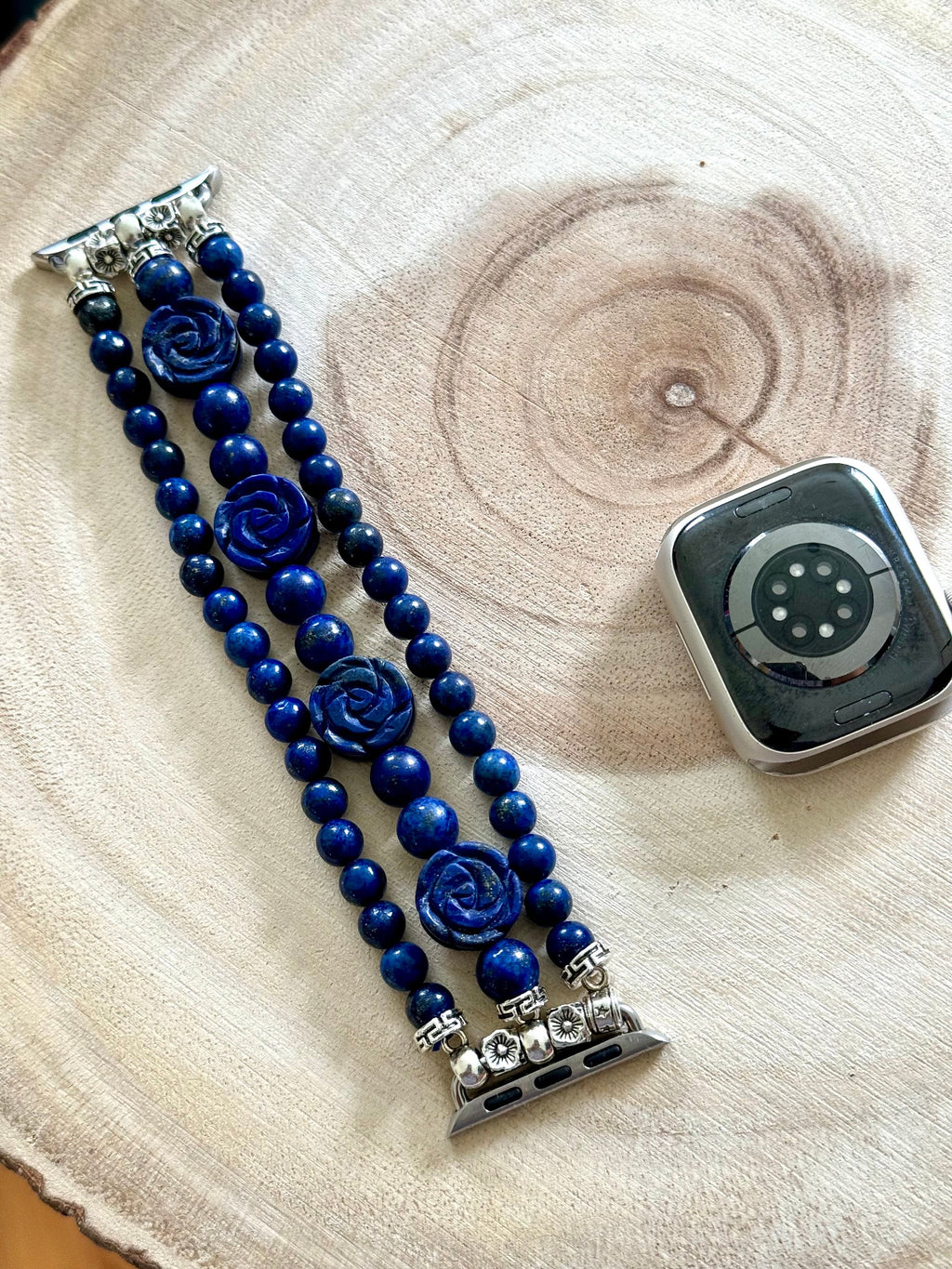 Beaded Apple Watch Strap for all models Genuine carved lapis lazuli / rose quartz beads.