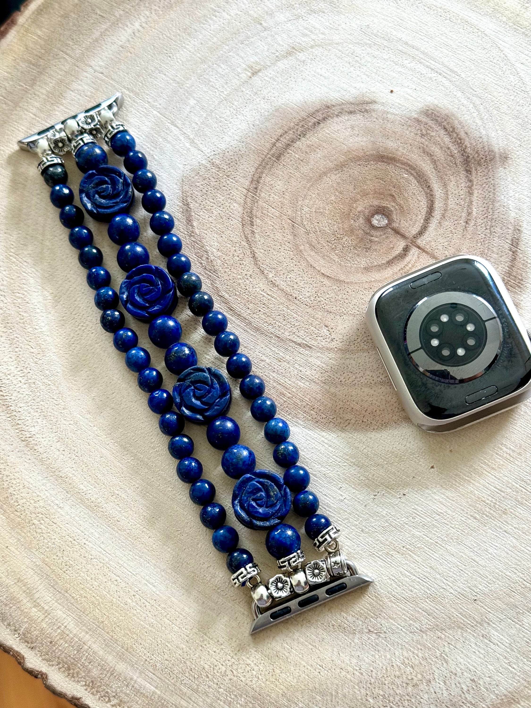Beaded Apple Watch Strap for all models Genuine carved lapis lazuli / rose quartz beads.